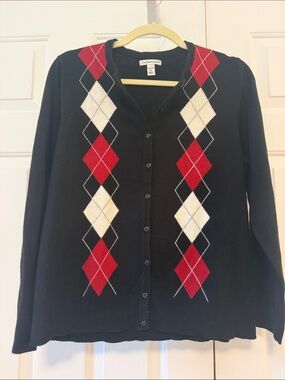 croft & barrow Black Argyle Button-Front Cardigan with Red & Cream Diamonds